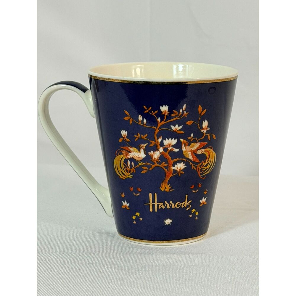 Harrod's Navy Blue Coffee Tea Mug Bird Design Gold Rim NWOT 8 Ounce Bird Lover